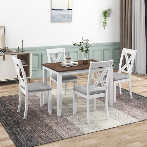 Harper & Bright Designs 5-Piece White Wood Top Dining Table Set with 4 X-Back Gray Linen Upholstered Chairs