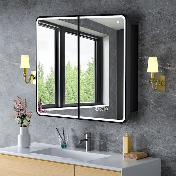 HBEZON 36 in. W x 32 in. H Rectangular Iron Recessed/Surface Mount Medicine Cabinet with Mirror, Anti-Fog, Memory, Black