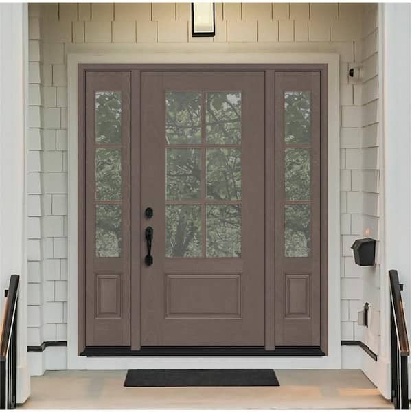 Regency 60 in. x 80 in. 3/4-6Lite Clear Glass RHIS Ashwood Fiberglass Prehung Front Door w/Dbl 10in.SL & 8012NKL Lockset