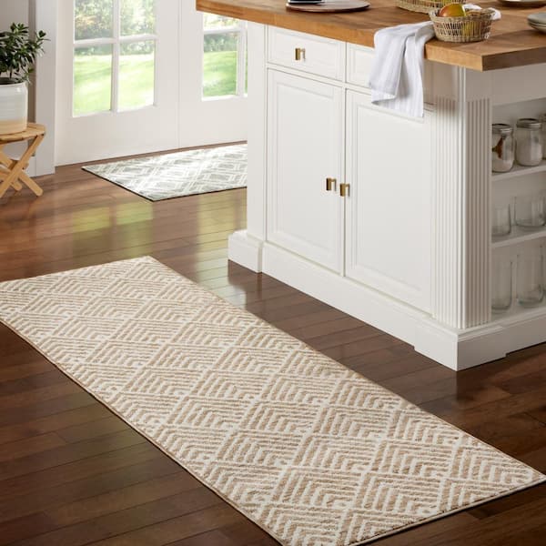 Everyday Walker Modern Stripe Beige 24 in. x 72 in. Machine Washable Runner Kitchen Mat