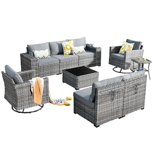 Tahoe Grey 9-Piece Wicker Outdoor Patio Conversation Sofa Set with Swivel Rocking Chairs and Grey Cushions