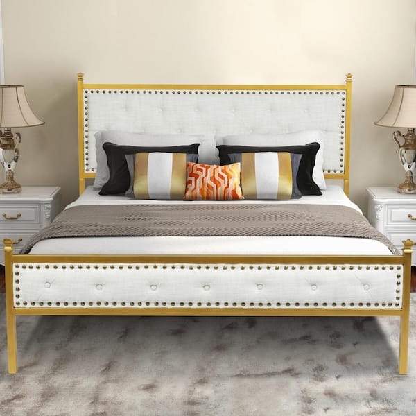 VELEDA Queen Beige Luxury Tufted Fabric Upholstered Queen Size Metal Platform Bed Frame with Box Spring Not Required