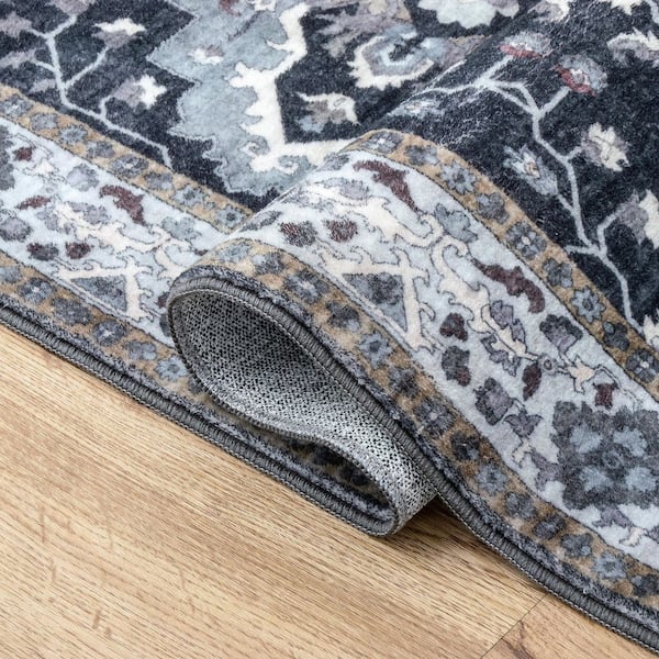 Superbia Boho Medallion Border Non-Slip Machine-Washable Gray/Charcoal 9 ft. x 12 ft. Area Rug