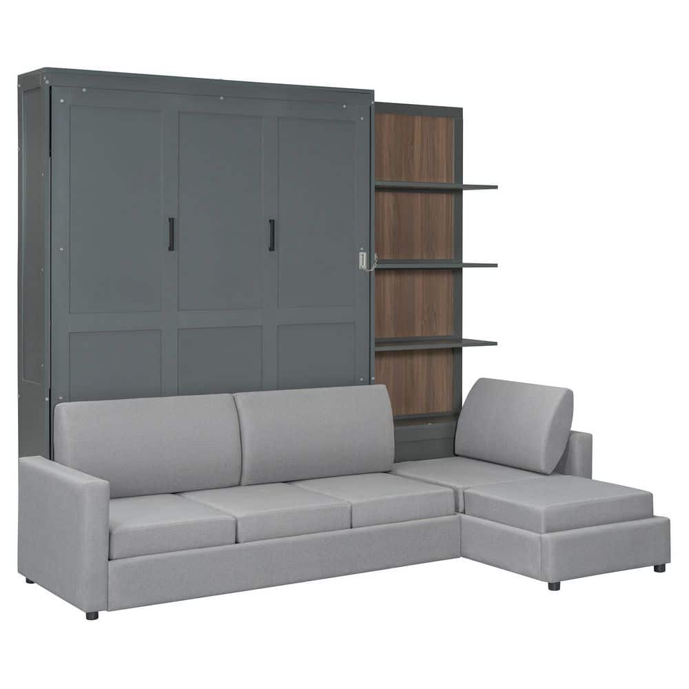 Gray Wood Frame Queen Size Murphy Bed Wall Bed with Sofa and Shelves - thumbnail 8