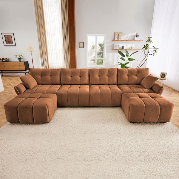 Tina 141.7 in. Flared Arm Chenille Upholstered U Shaped Sectional Sofa in. Burnt Orange with 2 Ottomans, Throw Pillows