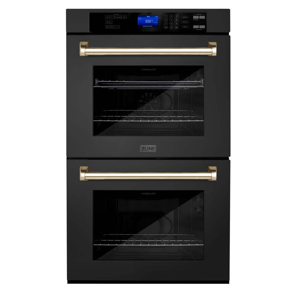 ZLINE Kitchen and Bath Autograph Edition 30 in. Double Electric Wall Oven with True Convection & Polished Gold Handle in Black Stainless Steel, Black Stainless Steel & Polished Gold