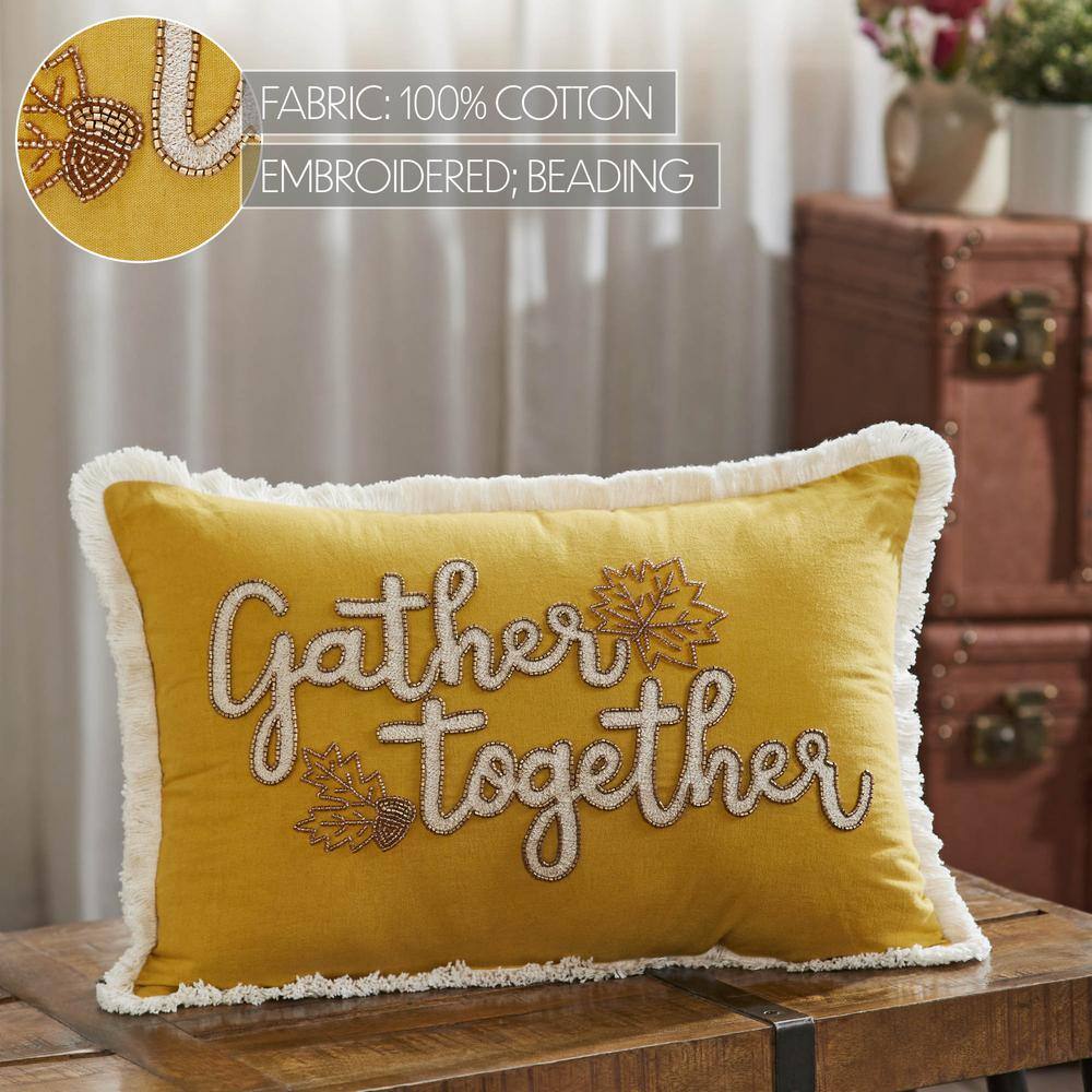 Gather Together Yellow Embroidered Cotton Blend Throw Pillow