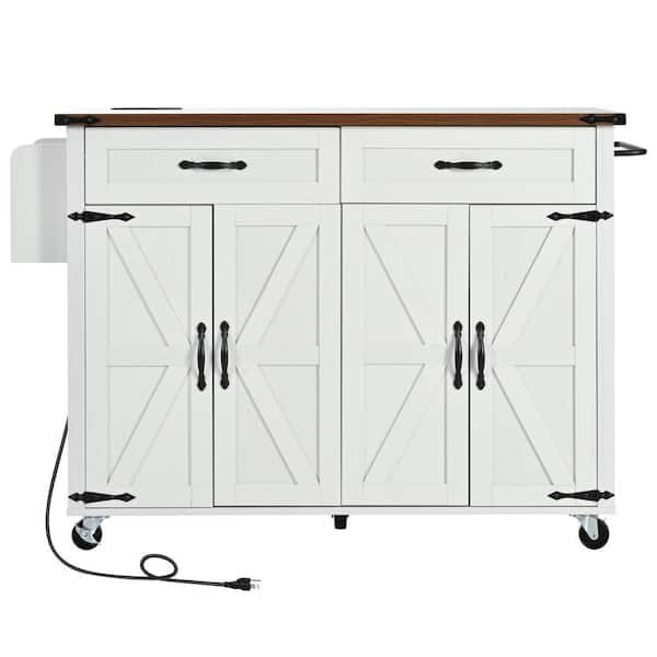 Tileon White Wooden 53.5 in. Kitchen Island on Wheels with Power Outlet, Drop Leaf, Spice Rack & Drawer, Rolling Kitchen Cart