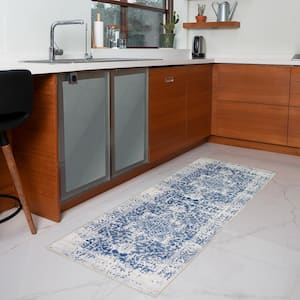 Himalayas Navy Creme 2 ft. 2 in. x 6 ft. Machine Washable Modern Floral Abstract Polyester Non-Slip Backing Area Rug