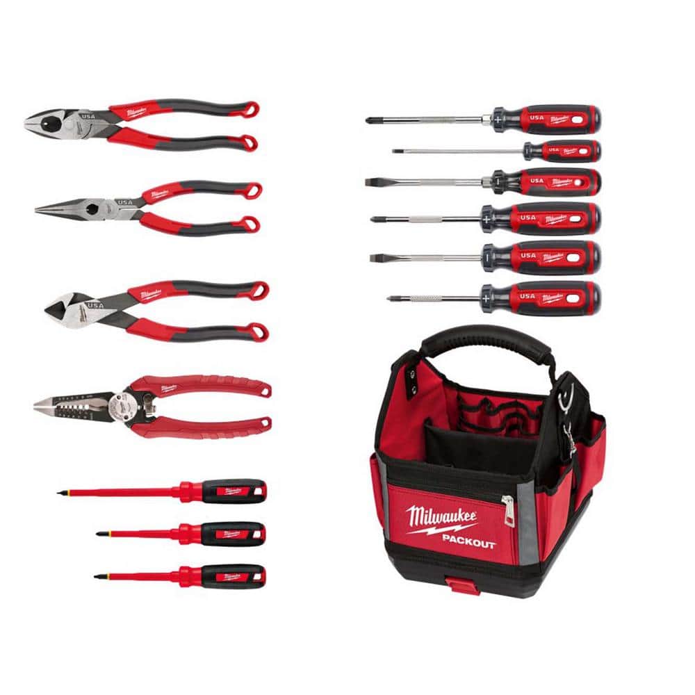 Milwaukee Electricians Comfort Grip Pliers with Screwdriver, Wire Strippers  and PACKOUT Tote Hand Tool Set (14-Piece)  MT550-MT555-MT557-48-22-3079-MT200-6-48- The Home Depot