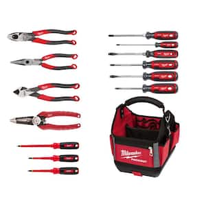 Electricians Comfort Grip Pliers with Screwdriver, Wire Strippers and PACKOUT Tote Hand Tool Set (14-Piece)