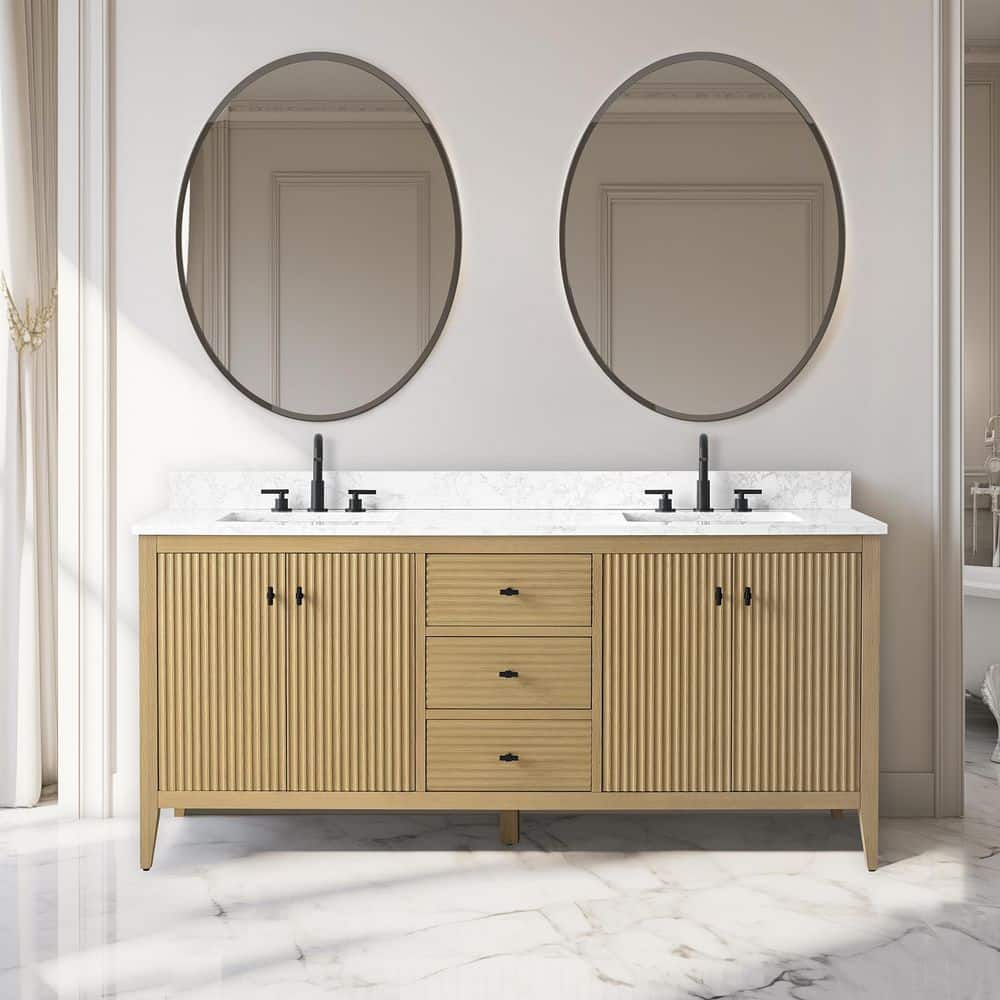 Linear Natural Oak 72" Double Sink Freestanding Bathroom Vanity with Marble Top