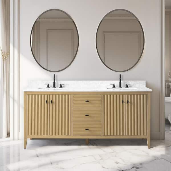 Vanity Art 72 in. W x 22 in D x 38 in. H Double Sink Bathroom Vanity Cabinet in Linear Natural Oak with Engineered Marble Top