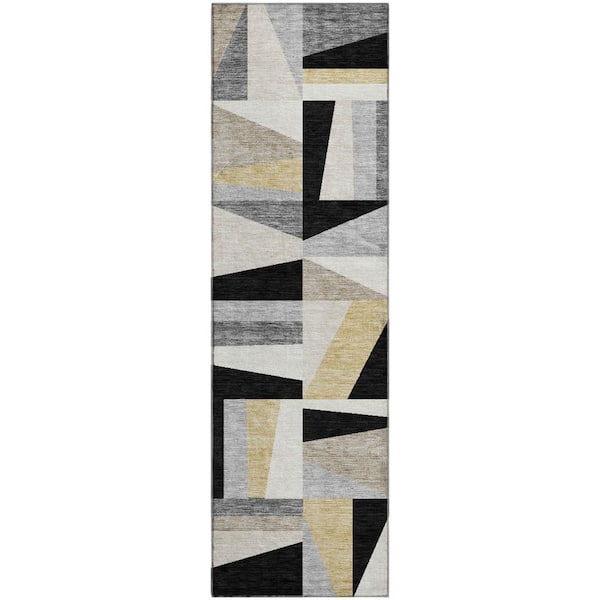 Mayfield Premium Machine Washable Abstract AMF2327 Black 2 ft. x 7 ft. Runner Rug