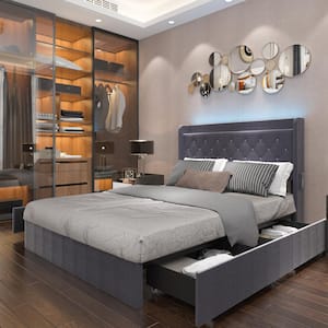 Gray Wood Frame Queen Size Bed Platform Bed 4-Drawers, Color-Changing LED Lights, Wheels, Headboard, Sockets, USB