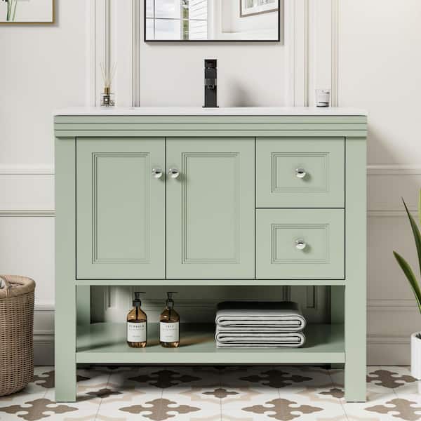 36 in. W x 17.7 in. D x 34 in. H 1-Sink Freestanding Bath Vanity in Green with White Ceramic Top and Drain Faucet Set