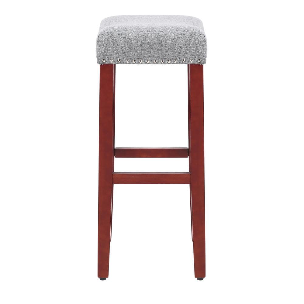 Cherry-Gray Saddle Seat 29" Bar Stool with Nailhead Trim - Set of 2