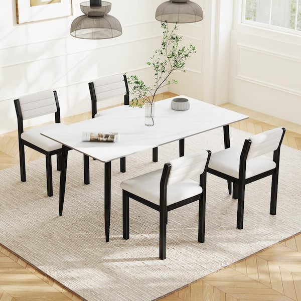 Dining Chair Set of 4 Sherpa Upholstered Kitchen Chairs with Wood Frame White