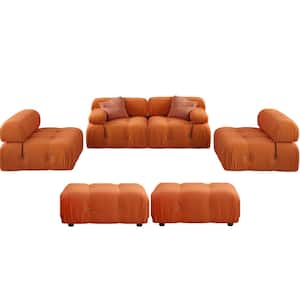 Minimalist 138.6 in. U-Shape Convertible Sofa 6-Seat Velvet Reversible Free Combination Sectional with Ottomans, Orange