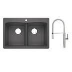 Diamond Dual-Mount Granite Composite 33 in. 50/50 1-Hole Double Bowl Kitchen Sink w/ Pull Down Faucet in Polished Chrome