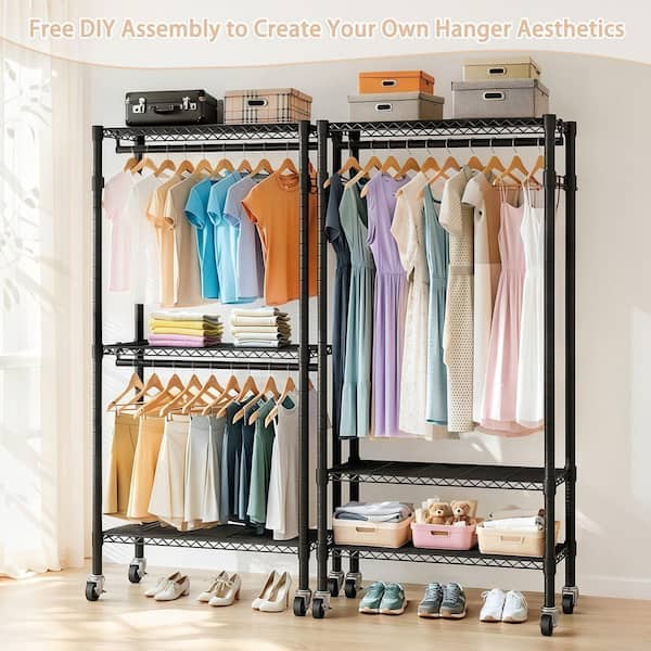 3-Tier Heavy Duty Metal Storage Rack, Adjustable Wire Shelving on Wheels with 2-Clothes Rails and Side Hooks, Black