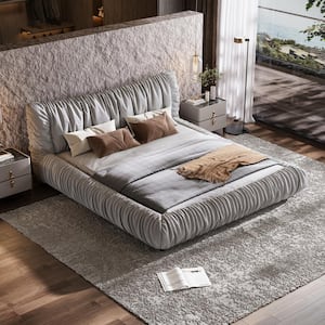 Luxury Light Gray Solid Wood Frame King Size Upholstered Platform Bed with Soft Large Backrest and Removable Covers