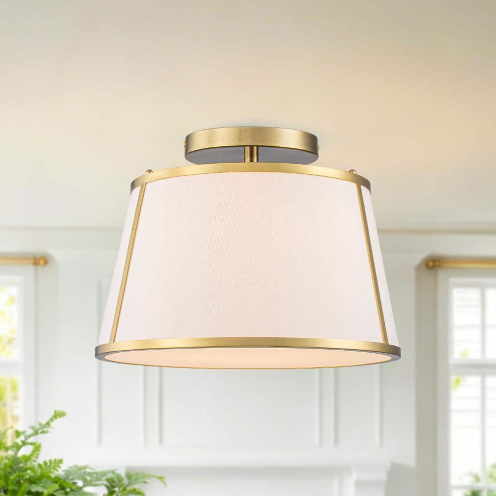 15.7 in. 3-Light Gold Elegant Semi-Flush Mount with White Fabric Shade， Modern Drum Ceiling Light for Bedroom price history on PriceWatchPro
