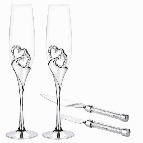 4-Piece Lead-Free Crystal Champagne Flutes and Cake Knife Server Set with Rhinestone Diamond Handles