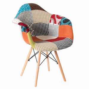 Mid-Century Modern Upholstered Plastic Multi-Colored Fabric Patchwork DAW Shell Dining Chair Wooden Dowel Eiffel Legs