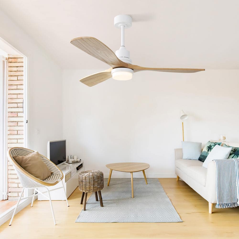 52-Inch White and Natural Wood Ceiling Fan with LED Light and Remote