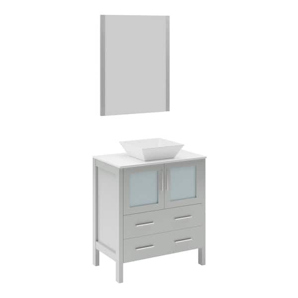 Fresca Torino 30 in. Bath Vanity in Gray with Glass Stone Vanity Top in White with White Vessel Sink and Mirror