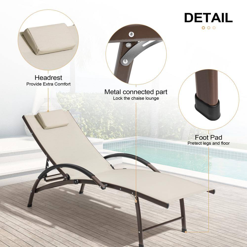 Tan and Brown Metal Adjustable Chaise Lounger Set with Cushions