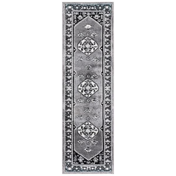 Vintage Hamadan 2 ft. x 8 ft. Gray/Black Medallion Ornate Border Runner Rug