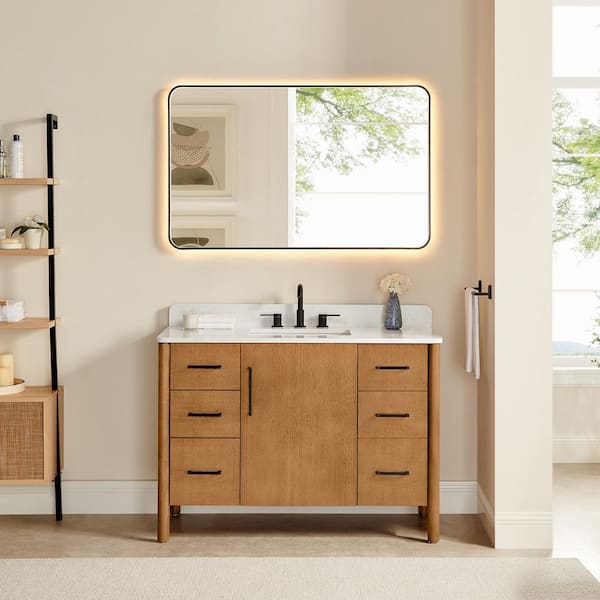 Altair Velora 48 in. Single Freestanding Mango Brown Bath Vanity with Grain White Engineered Stone Top Assembled, Mirror
