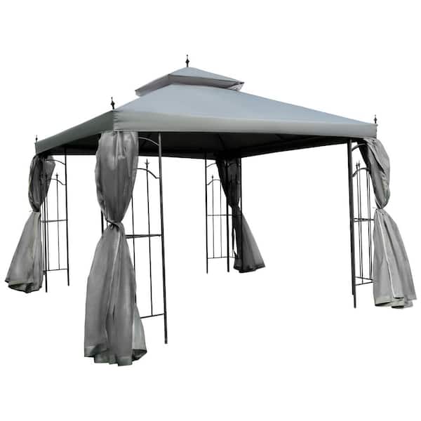 Zeus & Ruta 10 ft. x 10 ft. Gray Metal Double Roof Patio Gazebo with Corner Frame Shelves and Netting for Patio Garden Backyard