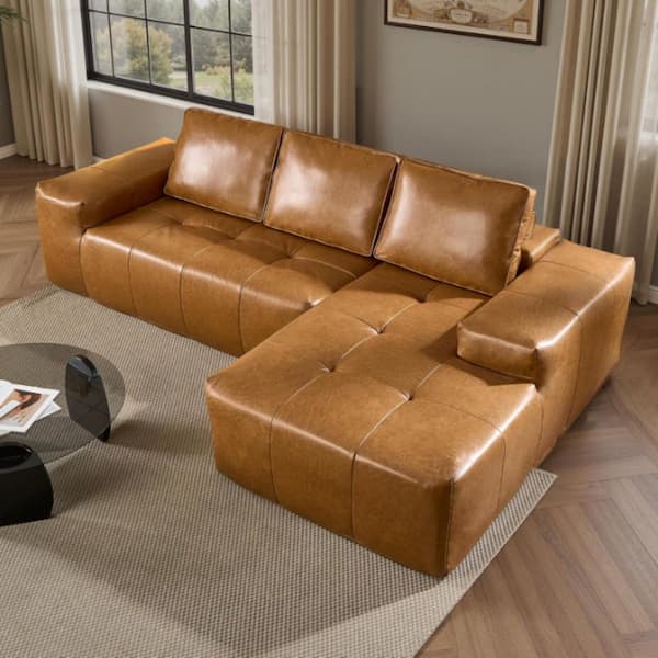 Ingrid 114.17 in. Square Arm Faux Leather Upholstery L-Shaped Sectional Sofa in. Brown, Right Facing Chaise