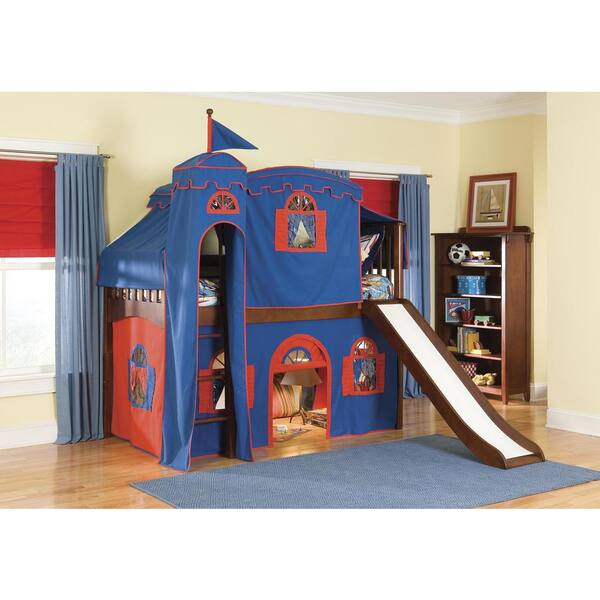 Unbranded Mission Cherry Twin Low Loft Bed with Blue and Red Tower, Top Tent, Playhouse Curtain and Slide