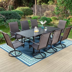 9-Piece Metal Outdoor Dining Set with Extensible Rectangular Carve Pattern Table and Brown Rattan Swivel Chairs