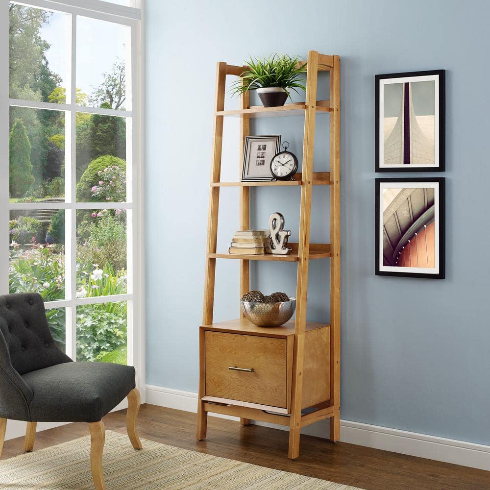 Mid-Century Modern Acorn Brown Wood Ladder Bookcase