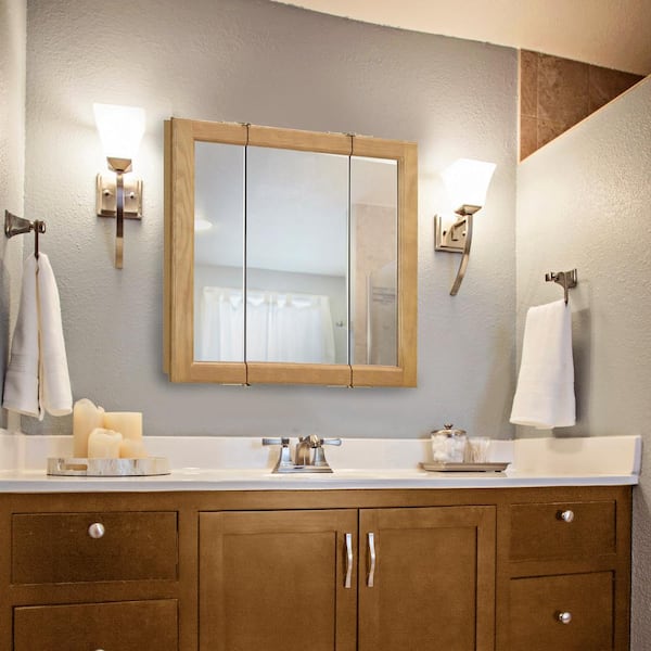 Design House Claremont 24 in. x 24 in. x 4-3/4 in. Surface-Mount Tri-View Bathroom Medicine Cabinet in Honey Oak