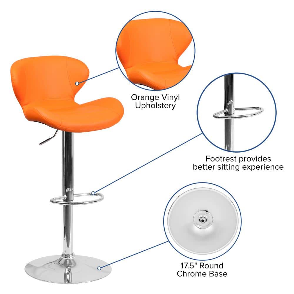 Curvaceous Orange Vinyl and Chrome Adjustable Swivel Barstool