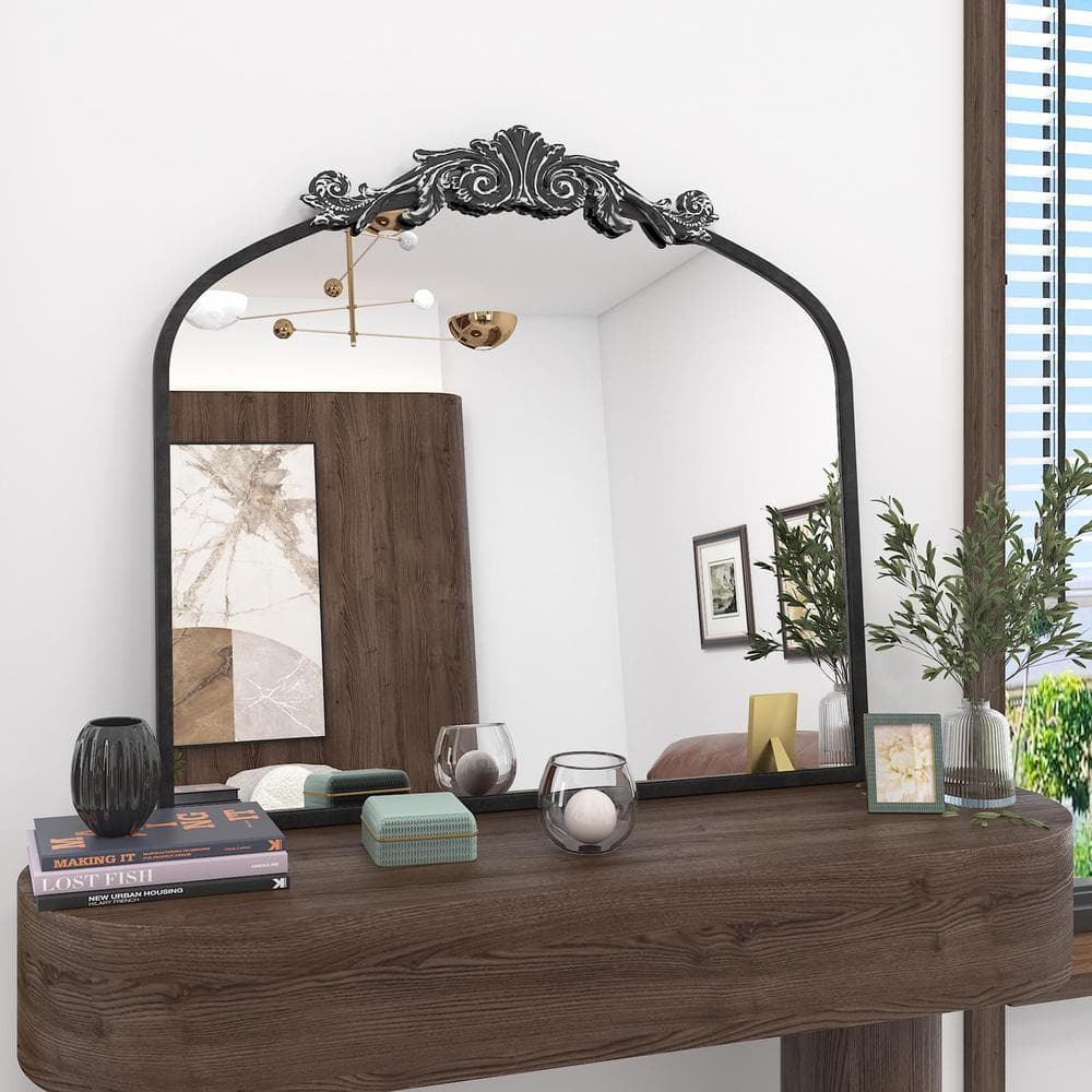 36 in. W x 30 in. H Arch Aluminum Alloy Framed French Cleat Mounted Baroque Wall Decor Bathroom Vanity Mirror in Black price history on PriceWatchPro