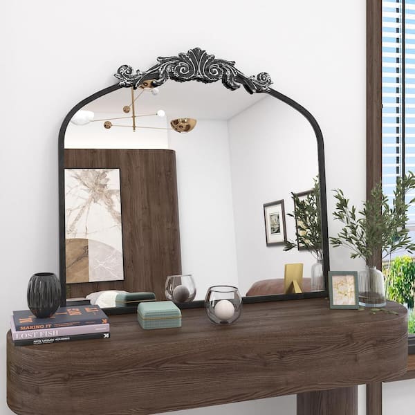 Apmir 36 in. W x 30 in. H Arch Aluminum Alloy Framed French Cleat Mounted Baroque Wall Decor Bathroom Vanity Mirror in Black