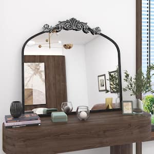 36 in. W x 30 in. H Arch Aluminum Alloy Framed French Cleat Mounted Baroque Wall Decor Bathroom Vanity Mirror in Black