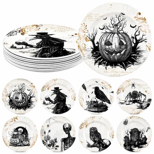 8-Piece Vintage Halloween Dinnerware Set with Classic Gothic Designs 8 in Reusable Salad Dessert Plates