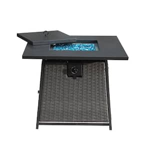 50,000 BTU 32in Outdoor Patio Wicker Propane Fire Pit with Blue Glass Ball, 2-in-1 Square Steel Fire Pit, Dark Gray