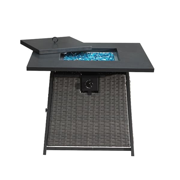 Tunearary 50,000 BTU 32in Outdoor Patio Wicker Propane Fire Pit with Blue Glass Ball, 2-in-1 Square Steel Fire Pit, Dark Gray