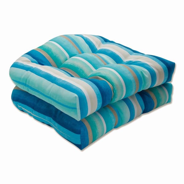 Pillow Perfect Striped 19 in. x 19 in. Outdoor Dining Chair Cushion in Blue/Tan/White (Set of 2)