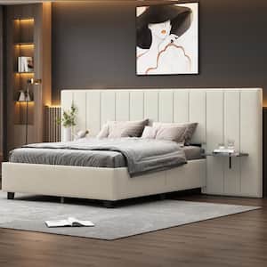 Oversize Headboard Beige Wood Frame Full Velvet Upholstered Platform Bed with Bedside Storage Shelves