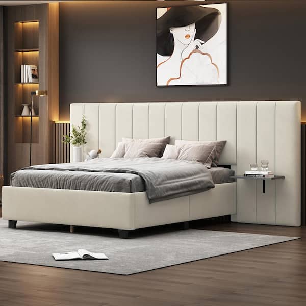 Harper & Bright Designs Oversize Headboard Beige Wood Frame Full Velvet Upholstered Platform Bed with Bedside Storage Shelves